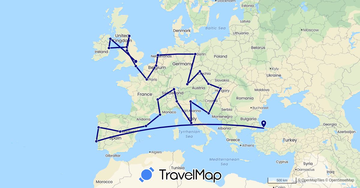 TravelMap itinerary: driving in Austria, Belgium, Switzerland, Czech Republic, Germany, Spain, France, United Kingdom, Croatia, Hungary, Ireland, Italy, Netherlands, Portugal, Turkey (Asia, Europe)