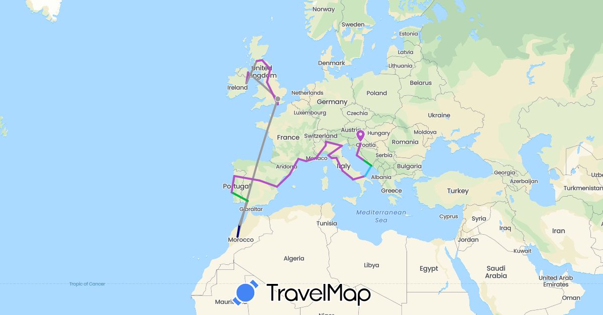 TravelMap itinerary: driving, bus, plane, train, boat in Spain, France, United Kingdom, Croatia, Ireland, Italy, Morocco, Portugal (Africa, Europe)